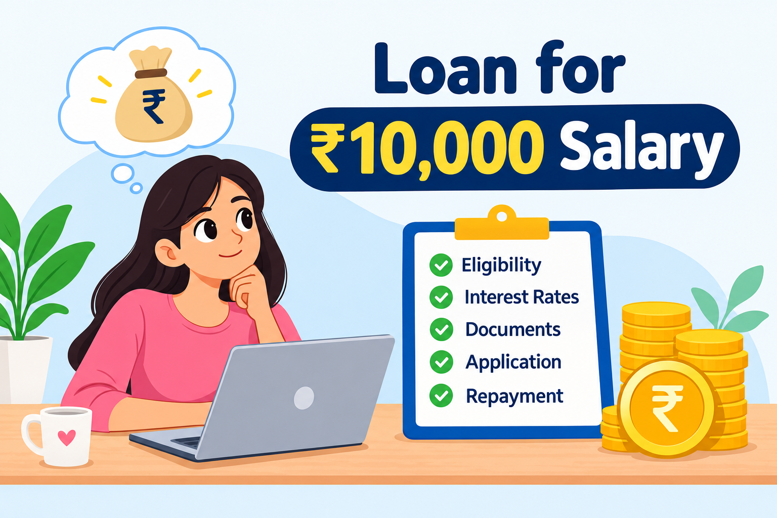 Loan for ₹10,000 salary in India, illustrating loan eligibility, interest rates, required documents, online application, and repayment options for low-income salaried employees.